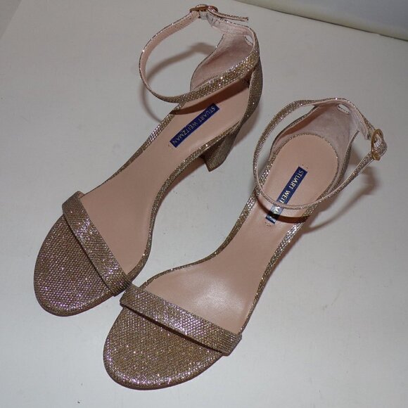Stuart Weitzman Nearlynude Block-Heel Glitter Sandals Gold Shoes US 10.5… - Picture 4 of 6